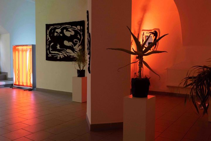 Instalace výstavy s černým kobercem a oranžovým světlem