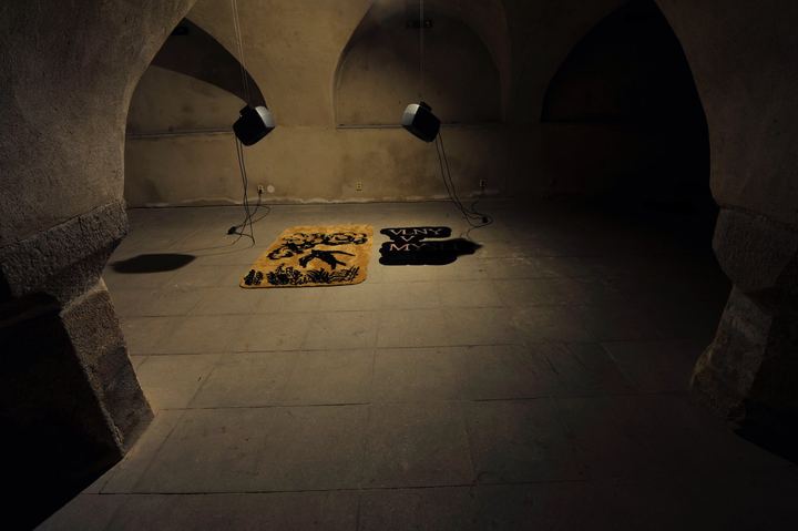 Sklepní prostor zvukové galerie IGLOO s koberci a reproduktory